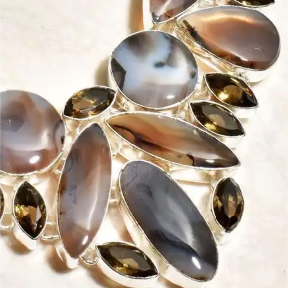 Earthy Botswana Agate + Lemon Citrine statement cluster necklace - Picture 9 of 15